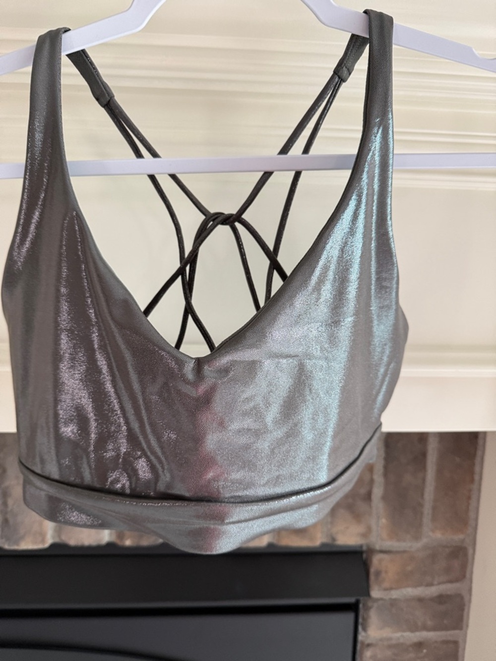 Athleta Metallic Silver Strappy Sports Bra